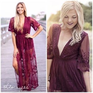 ‘Everly’ Embroidered Lace Maxi Romper - Wine